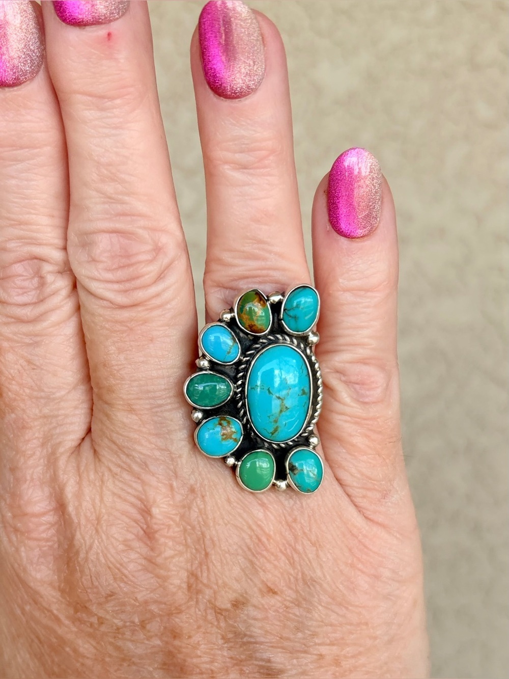 Geraldine James Signed Kingman Turquoise Half Cluster Ring